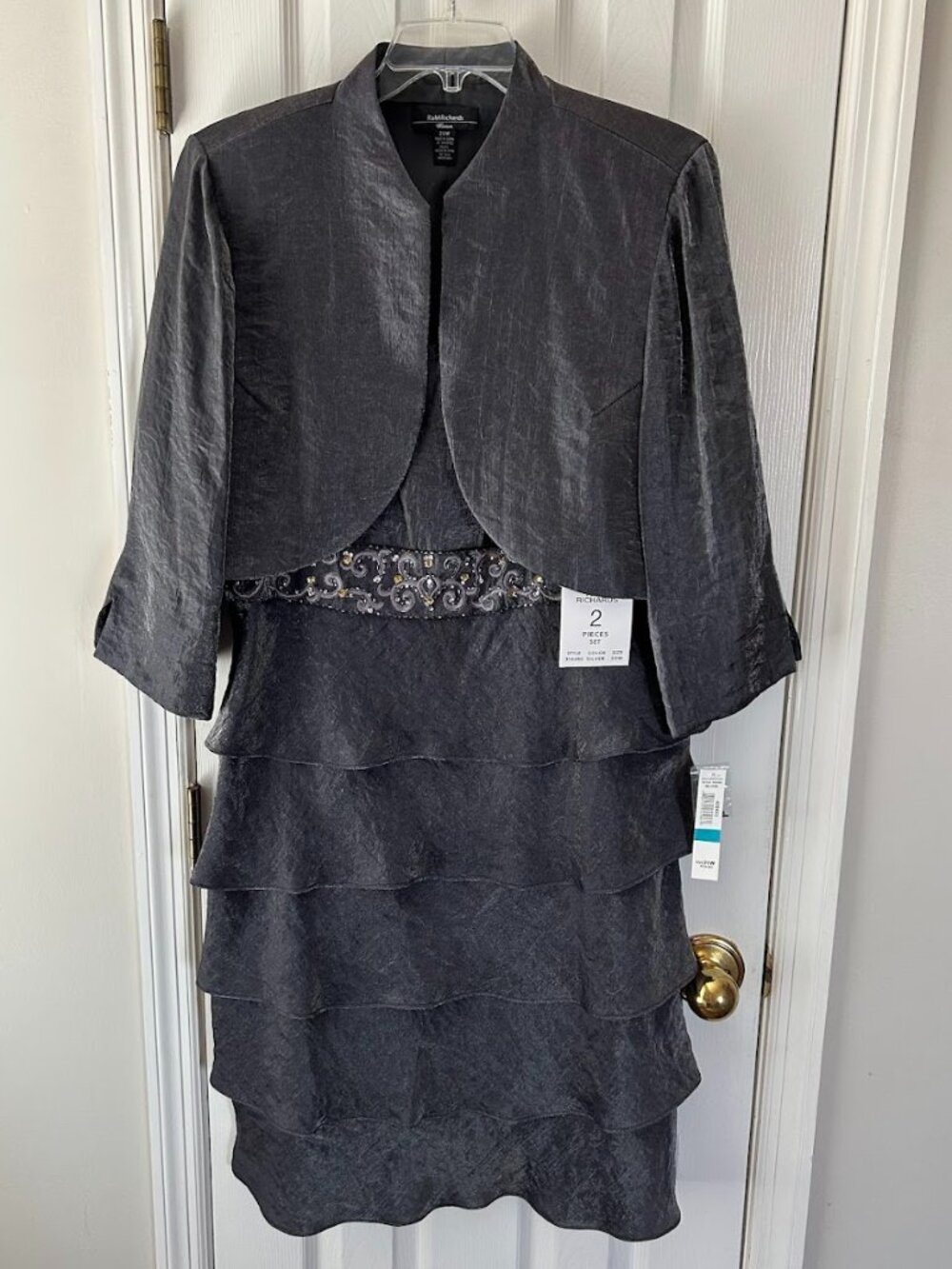 R&M Richards 2 Pc Short Cocktail Dress 20 Silver(Gunmetal) Bolero NWT Tiered Skt